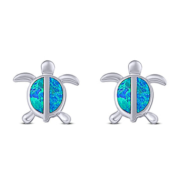 Turtle Stud Earring Lab Created Blue Opal Solid 925 Sterling Silver (14mm)